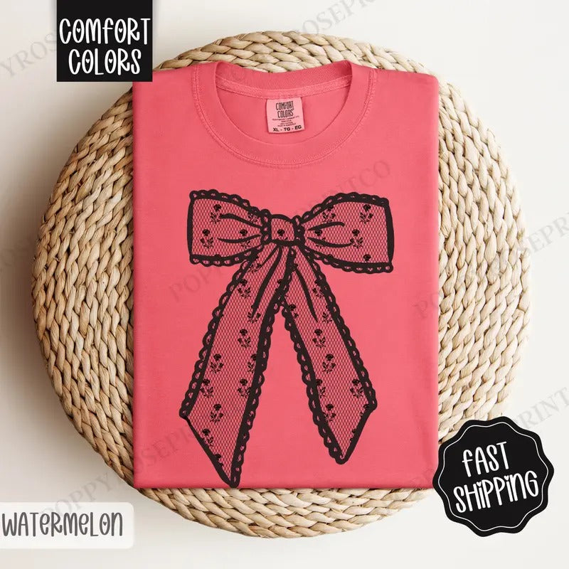 Black Lace Bow Shirt Comfort Colors, Women's Black Bow Tee, Cute Women's Tshirt Hoodie, Sweatshirt | ZylaModa.com