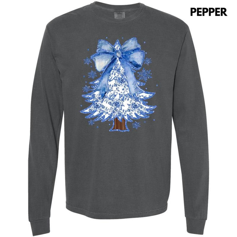 Blue Chinoiserie Christmas Tree Long Sleeve Comfort Colors T-Shirt 'NLB' Hoodie, Sweatshirt | ZylaModa.com