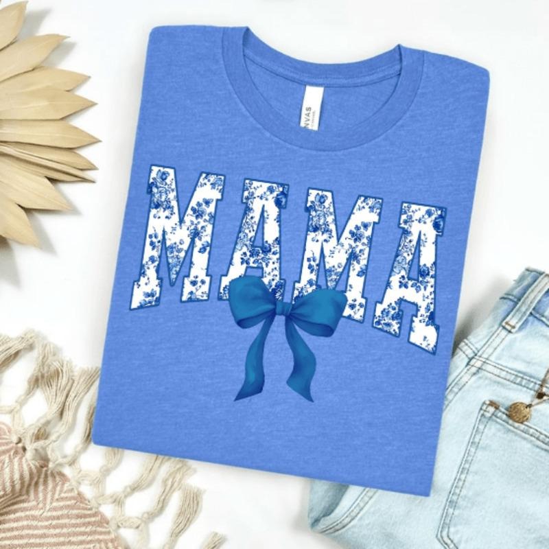 Blue Floral Mama with Bow Graphic Tee Hoodie, Sweatshirt | ZylaModa.com