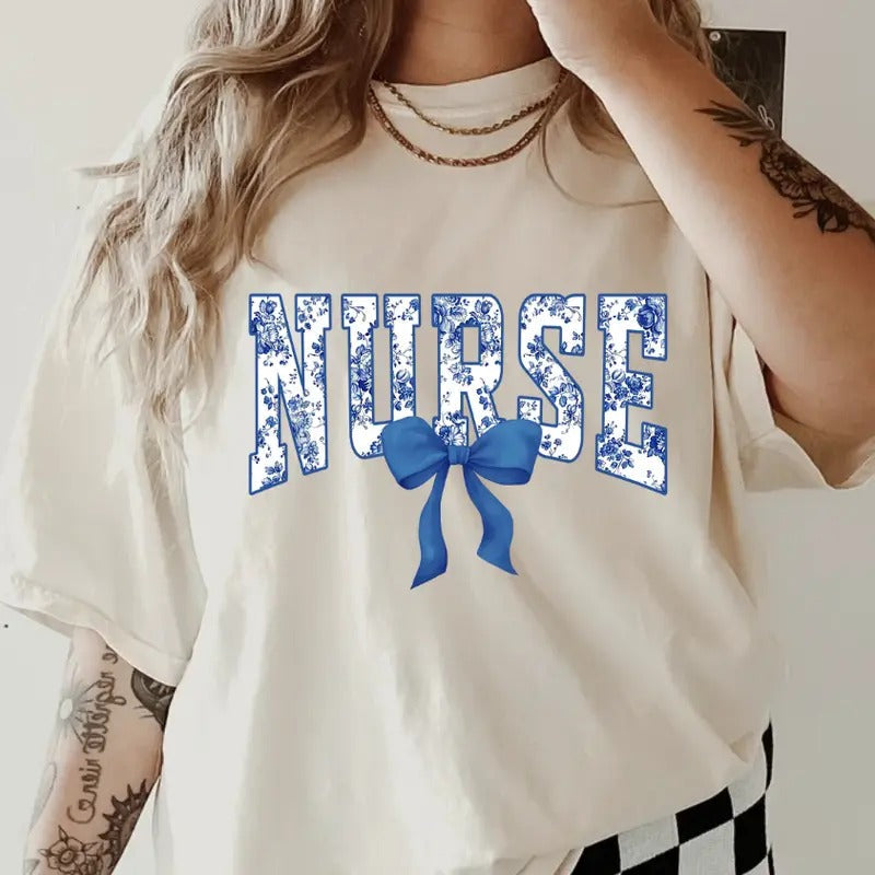 Blue Floral Nurse Shirt ~ Unisex Apparel Relaxed Fit Printed In The USA Clothing Womenswear Casual Comfort Cotton Top...