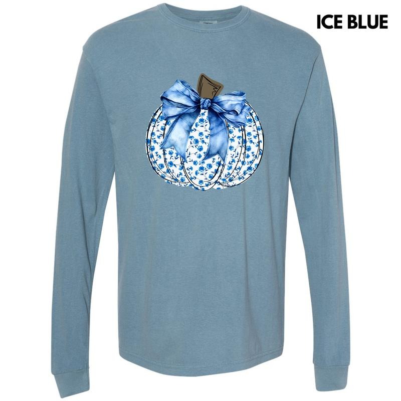 Blue Floral Pumpkin Long Sleeve Comfort Colors T-Shirt 'NLB' Hoodie, Sweatshirt | ZylaModa.com