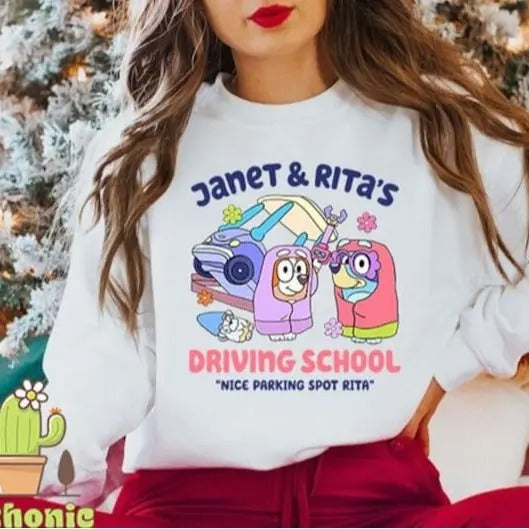 Bluey and Bingo Janet and Rita Driving School Nice Parking Spot Rita Sweatshirt, Bluey and Bingo Grannies Sweatshirt...