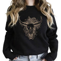 Boho Bull Skull Sweatshirt, Country Shirts, Flower Longhorn Skull Hoodie, Cowgirl Wild West Western Country Gifts Cotton...