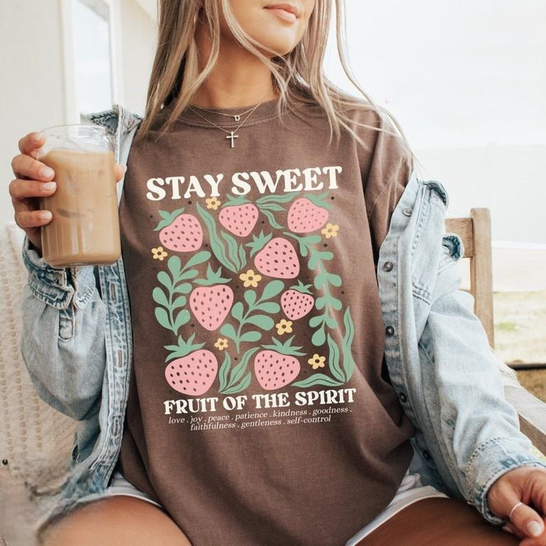 Boho Christian Strawberry Tshirt, Fruits of the Spirit Bible Verse Shirt, Retro Jesus Apparel Cottagecore Top Floral...