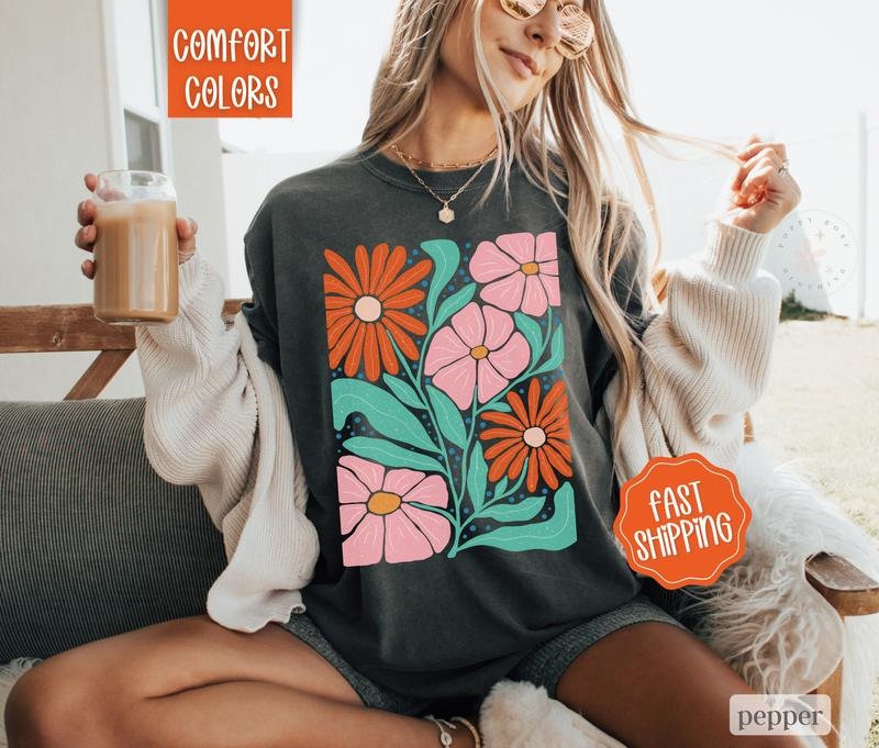 Boho Floral 6 Shirt Comfort Colors, Wildflower Tshirt, Boho Tee, Oversized Women's Shirt, Floral Abstract Tee Hoodie,...