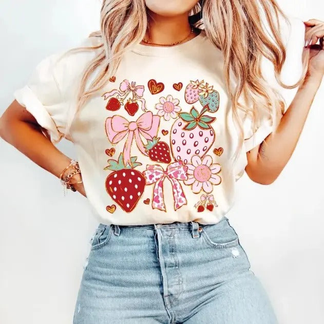 Boho Strawberry Coquette SHIRT Preppy Strawberries Summer Strawberry tshirt Cotton Fabric Hoodie, Sweatshirt | ZylaModa.com
