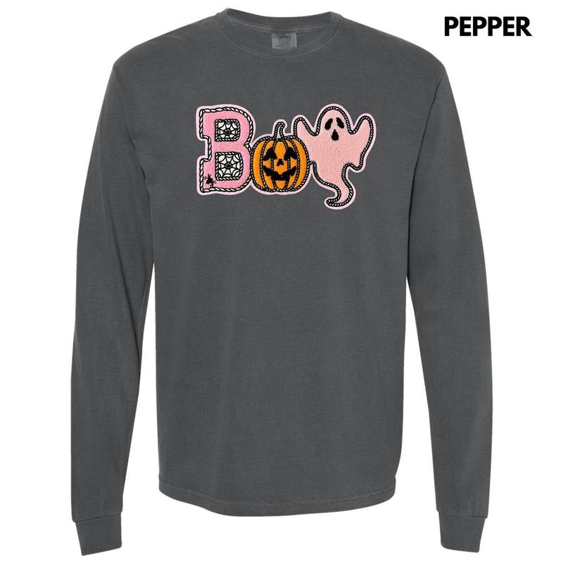 Boo Spider Pumpkin Ghost Chenille Patch Long Sleeve Comfort Colors T-Shirt Hoodie, Sweatshirt | ZylaModa.com