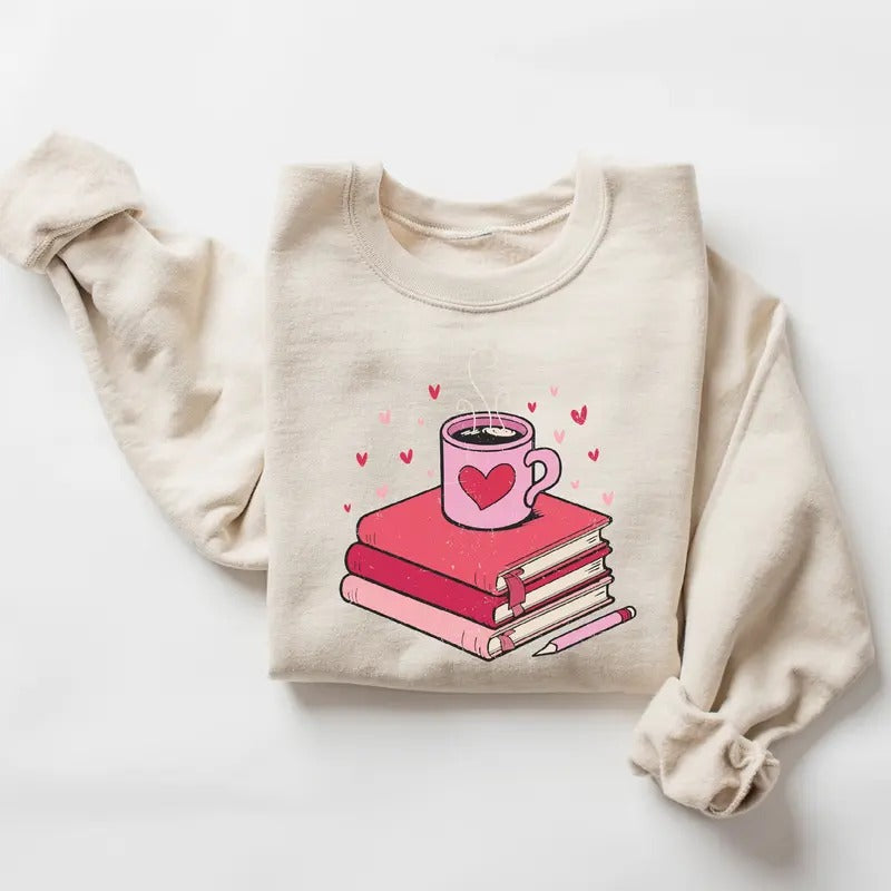 Book Lover Valentines Sweatshirt for Women, Valentine Coffee Sweatshirt, Unisex Cotton Fabric T-Shirts, Hoodie | ZylaModa.com
