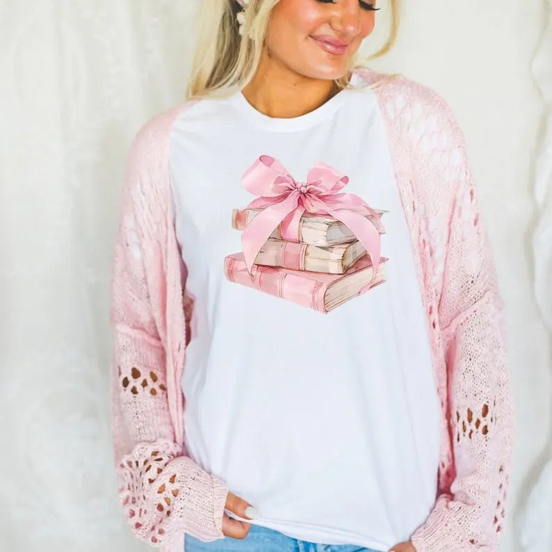 Books and Bows Tshirt, Pink Bow t shirt, Book lover shirt with Pink Bows shirt, Bookish shirt with bows, Bookish Gift for...