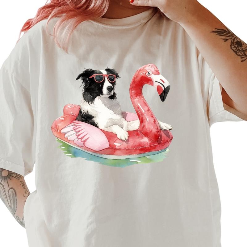 Border Collie Flamingo Float Dog Shirt ~ Unisex Apparel Relaxed Fit Printed In The USA Clothing Womenswear Casual Comfort...