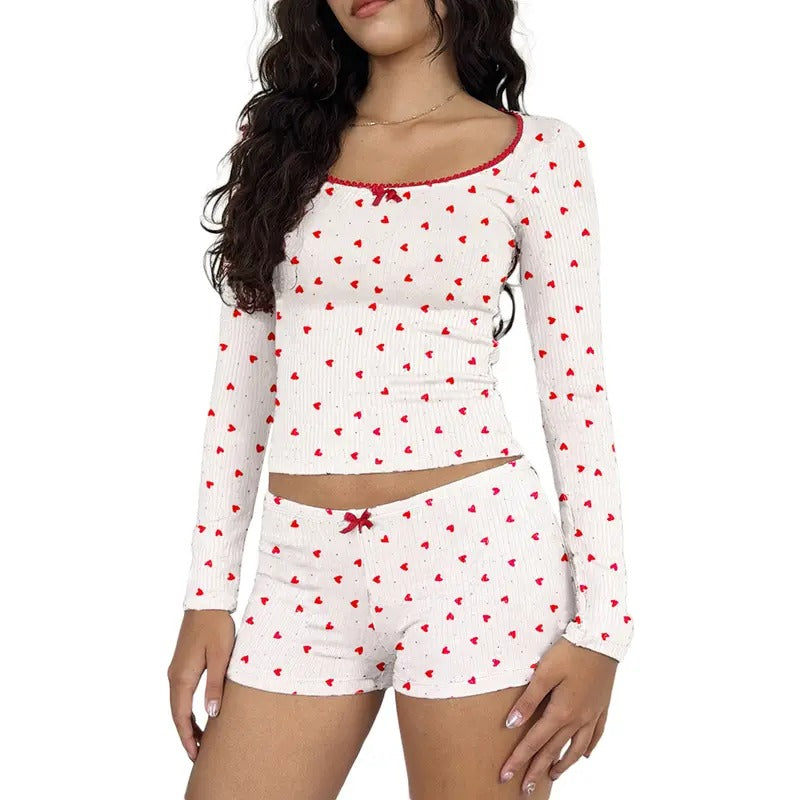 Women 2-Piece Summer Outfits Heart/Flower/Bow Print Long Sleeves Tops and Elastic Shorts Club Streetwear T-Shirts,...