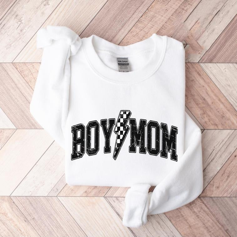 Boy Mom tshirt, Checkered Boy Mom tshirt, Lightning Bolt Mama tshirt, Boy Mom To Be Gifts Cotton Fabric Menswear tshirt,...