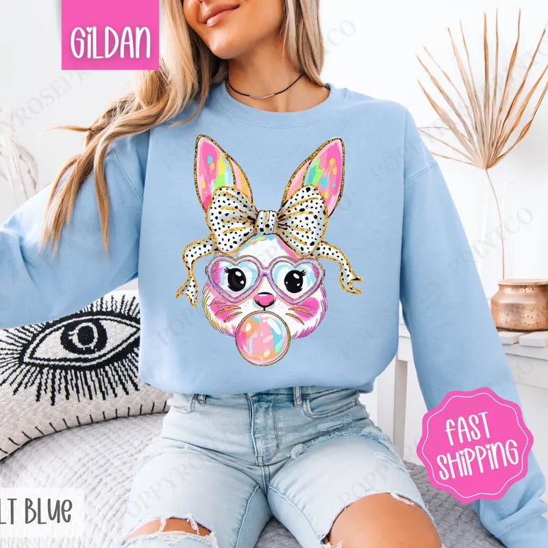 Bubble Bunny Sweatshirt, Easter Crewneck, Trendy Bunny Women's Sweater, Gift for Her T-Shirts, Hoodie | ZylaModa.com
