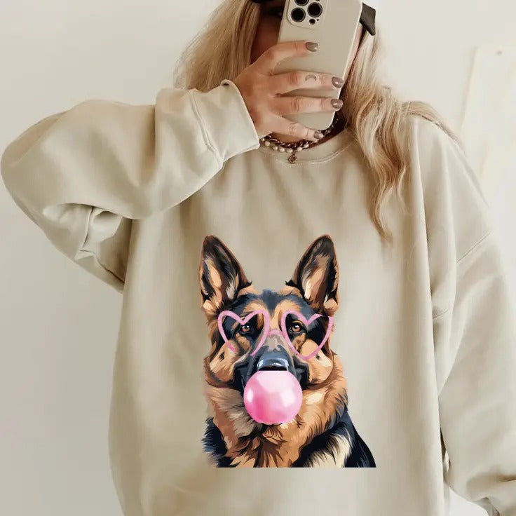 Bubblegum German Shepherd Crewneck ~ Sweatshirt Unisex Apparel Relaxed Fit Printed in the USA Clothing Womenswear Casual...