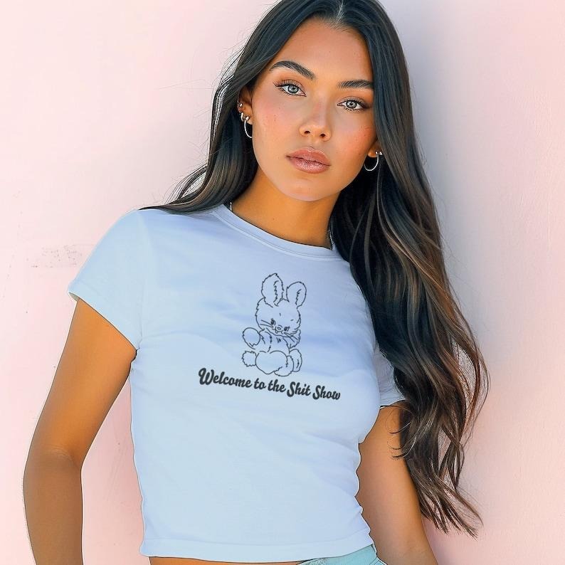 Bunny Show Micro Rib Baby Tee, Trendy Vintage Graphic T-Shirt, Stylish Fitted Women's Shirt, Edgy Streetwear Cute Gifts...