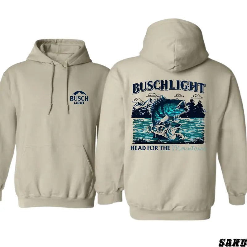 Busch Light Hoodie - Adventurous Fishing Graphic Featuring Mountain and Water Design, country boy clothing, hoodies for...