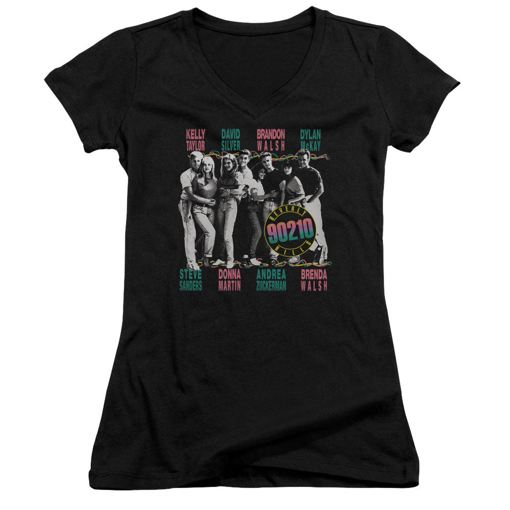 90210 We Got It Junior Sheer Cap Sleeve V-Neck Womens T Shirt Black Hoodie, Sweatshirt | ZylaModa.com (Image 1)
