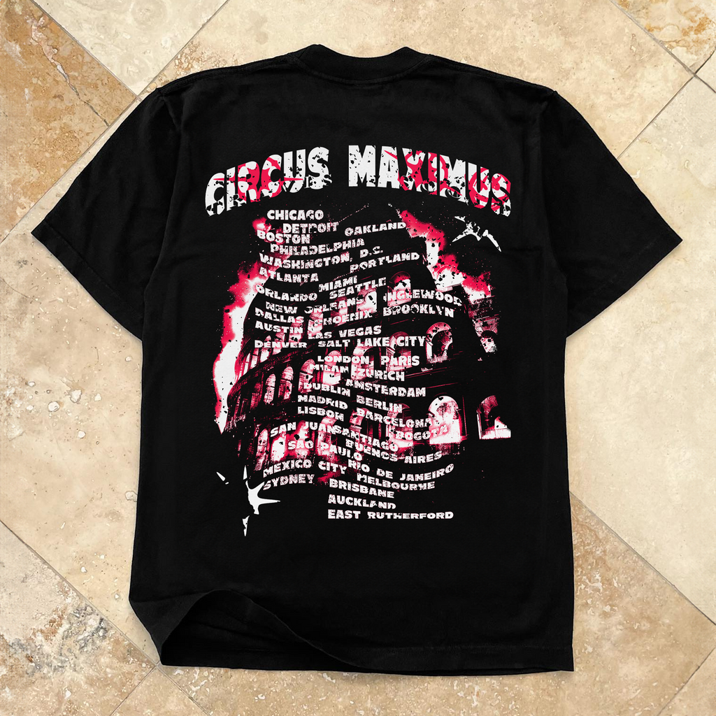 2024 TRAVIS SCOTT 'CIRCUS MAXIMUS TOUR' MERCH W / DATES HEAVYWEIGHT BLACK T-SHIRT Hoodie, Sweatshirt | ZylaModa.com (Image 2)
