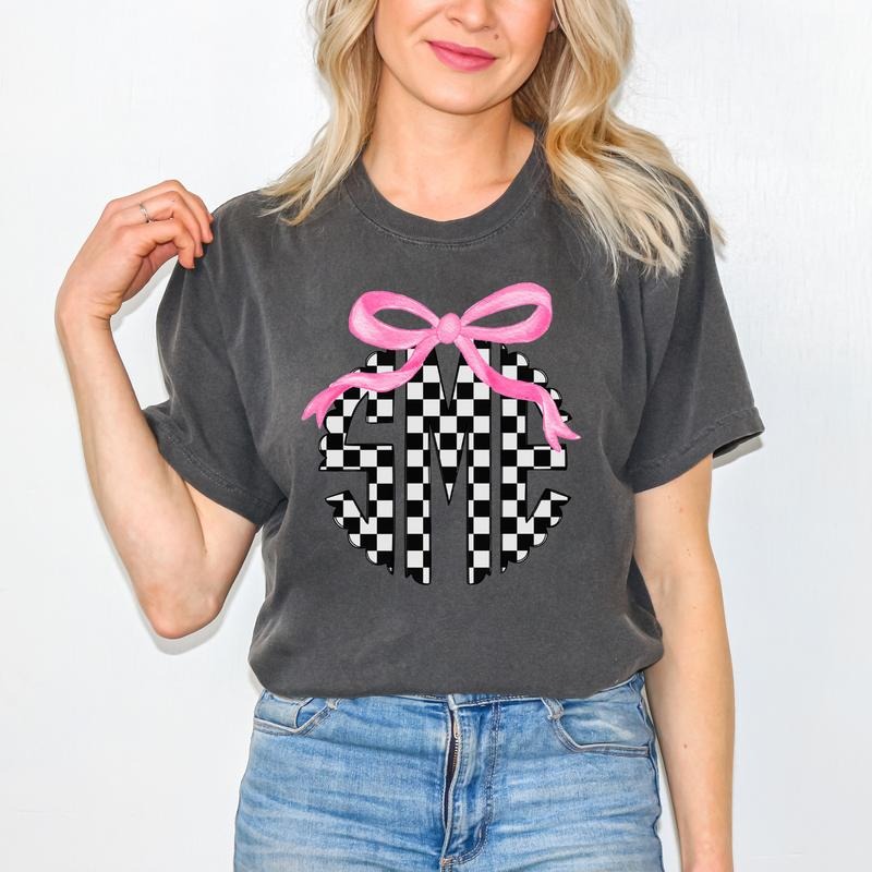 *CUSTOMIZABLE* Bow & Black Checker Monogram Comfort Colors T-Shirt 'NLB' Hoodie, Sweatshirt | ZylaModa.com