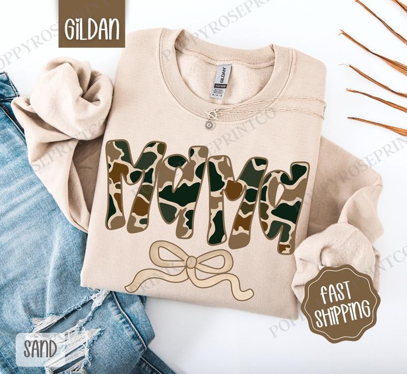 Camo Mama Sweatshirt, Women's Crewneck, Cute Camo Women's Sweater T-Shirts, Hoodie | ZylaModa.com
