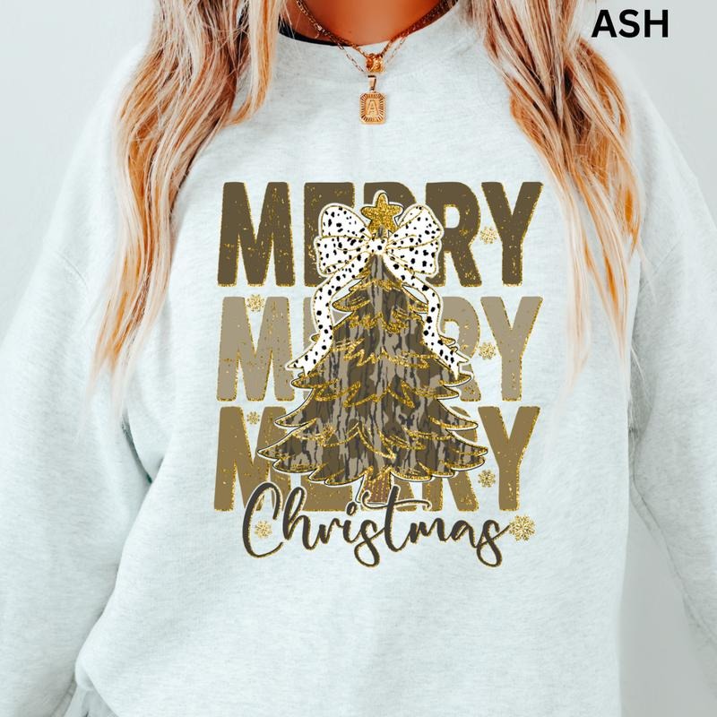 Camo Merry Christmas Bow Sweatshirt Christmas Winter Graphic Long Sleeve Casual Cotton Polyester Oversized sweatshirt -...