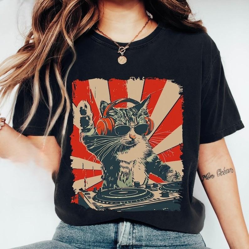 Cat DJ Tshirt, Funny Cat Shirt, Men's Kitten Disc Jockey Design, Dance Party Cat Lover Shirt, Pet T-shirt, Cat Lovers...