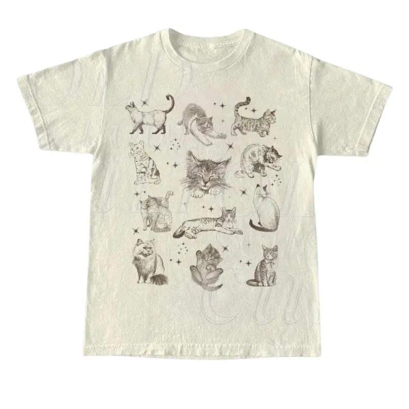 Cats Retro 90s Tattoo Tshirt, Vintage Kitten Nature Shirt, Cat Lovers Gift, Cats In Space Unisex Relaxed Adult Graphic...