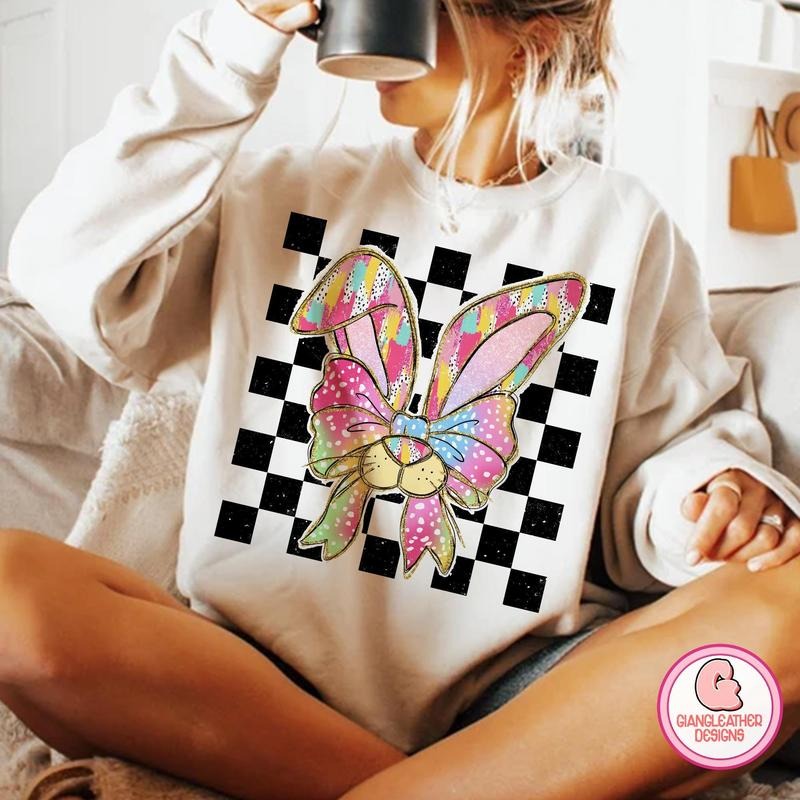 Checked bunny coquette Sweatshirt, brushstroke coquette bunny Sweatshirt, easter Sweatshirt, retro easter Sweatshirt,...