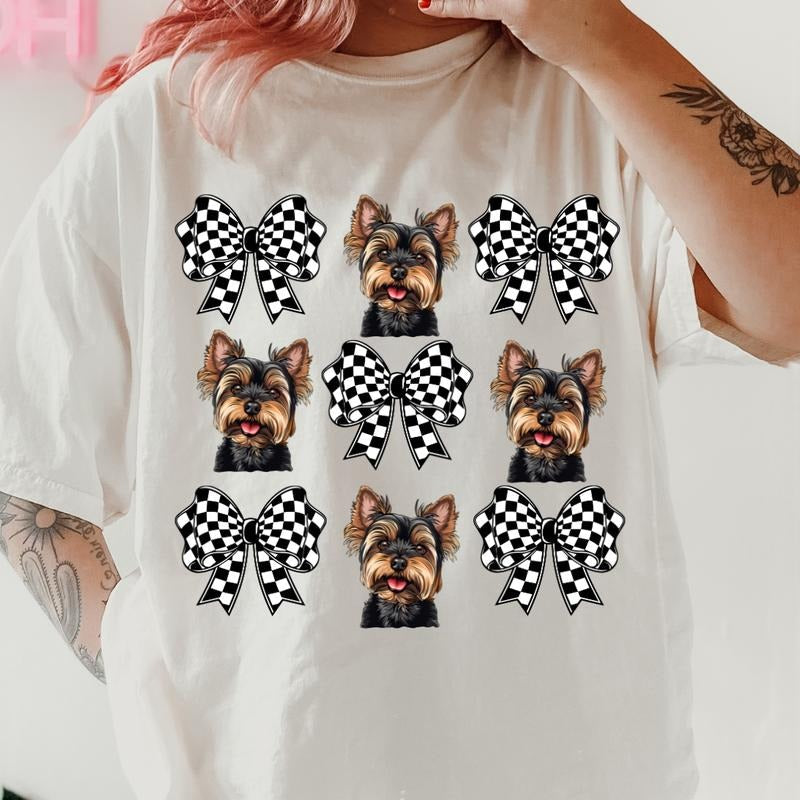 Checkered Bows & Yorkies Shirt ~ Unisex Apparel Relaxed Fit Printed In The USA Clothing Womenswear Casual Comfort Cotton...