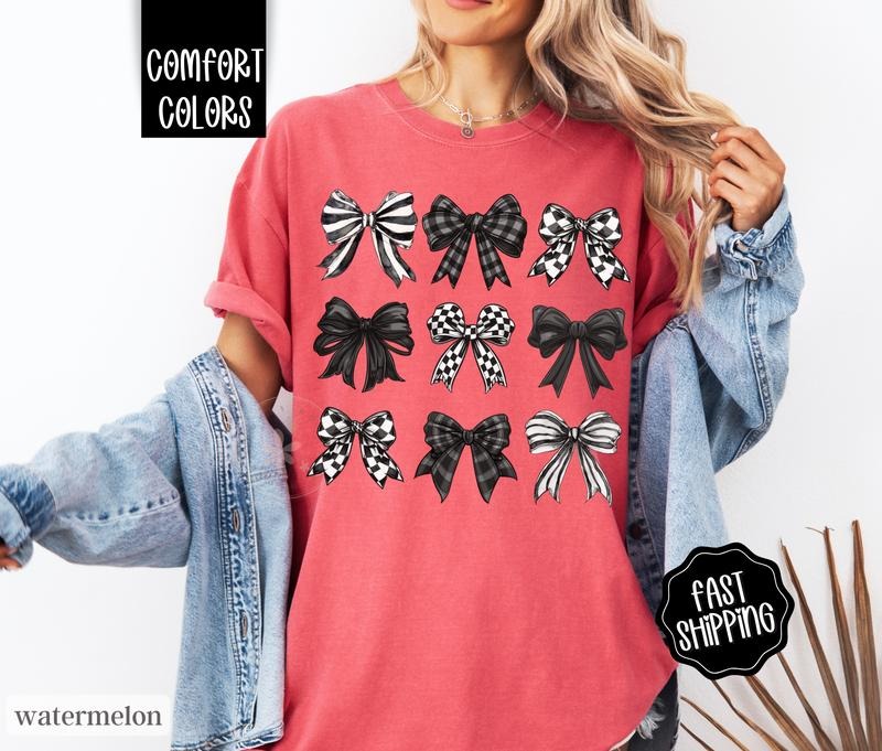 Checkered Bows Shirt Comfort Colors, Coquette Black Bow Tshirt, Cute Women's Tee Hoodie, Sweatshirt | ZylaModa.com