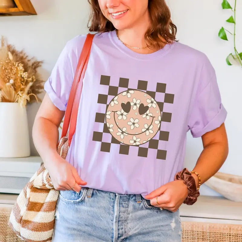 Checkered Comfort Colors Shirt Oversized Shirt Mama Shirt Checkered Smiley Shirt Comfort Color Tee Positive Shirt...