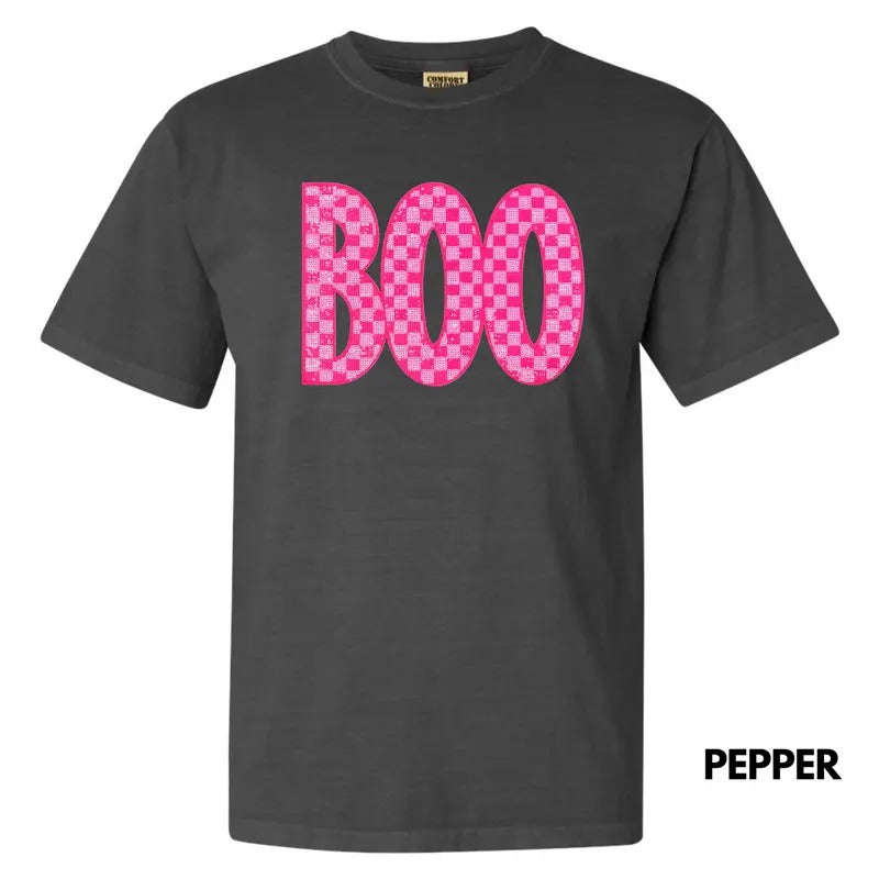 Checkered Pink Boo PATCH Comfort Colors T-Shirt Hoodie, Sweatshirt | ZylaModa.com