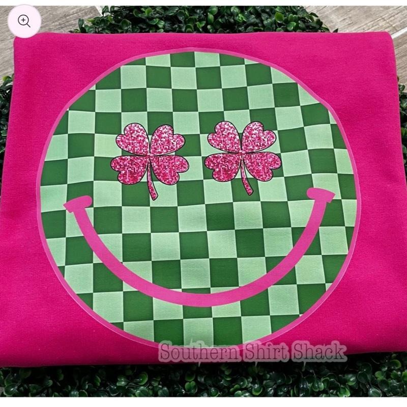 Checkered Smiley Shamrock Sweatshirt | Hot Pink Sweatshirt T-Shirts, Hoodie | ZylaModa.com