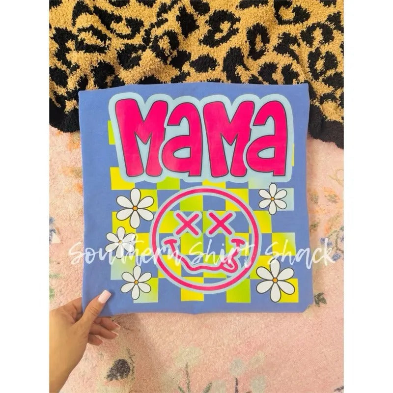 Checkered Trippy Flower Smiley Mama t shirt  | Flo Blue comfort colors t shirt | Smiley mama t shirt Hoodie, Sweatshirt