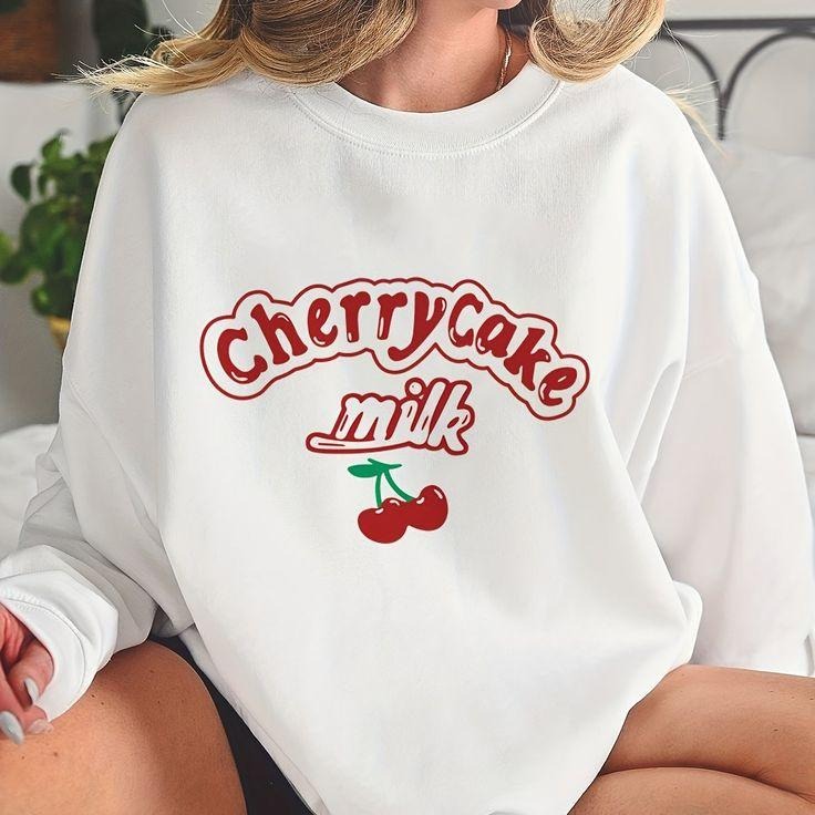 Cherry Print Sweatshirt, Vintage Long Sleeve Crew Neck Sweatshirt, Women's Clothing T-Shirts, Hoodie | ZylaModa.com
