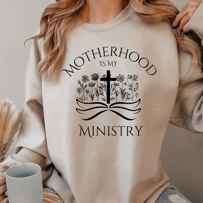 Christian Sweatshirt Faithful Mama Sweatshirt - Motherhood Is My Ministry Open Bible And Cross Design Sweatshirt Gift For...