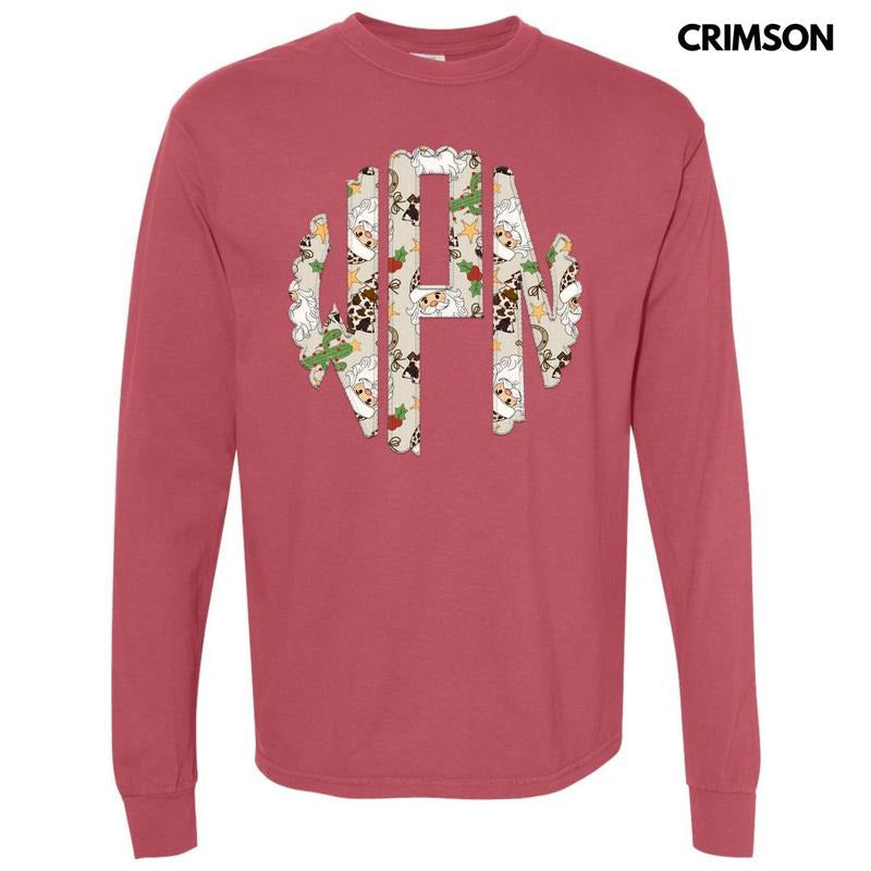 Christmas Cow Print Monogram Long Sleeve Comfort Colors T-Shirt 'NLB' Hoodie, Sweatshirt | ZylaModa.com