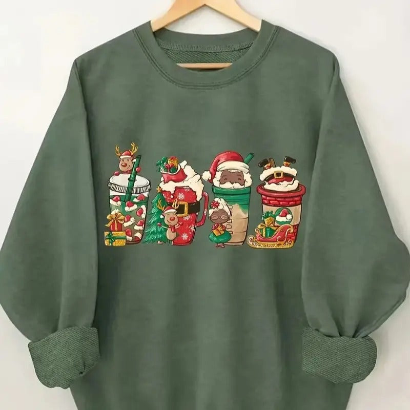 Christmas Drink Print Pullover Sweatshirt, Casual Long Sleeve Crew Neck Sweatshirt For Fall & Winter, Women's Clothing...