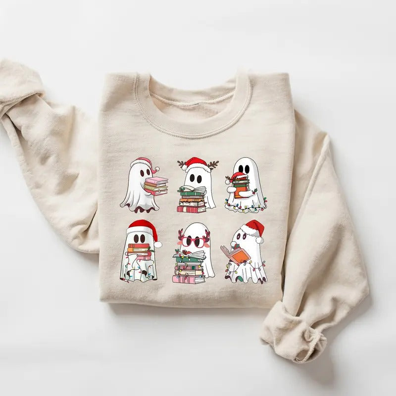Christmas Ghost Reading Book Sweatshirt, Ghost Christmas Sweater, Cute Ghost Book Nerd Shirt, Librarian Xmas, Ghost...
