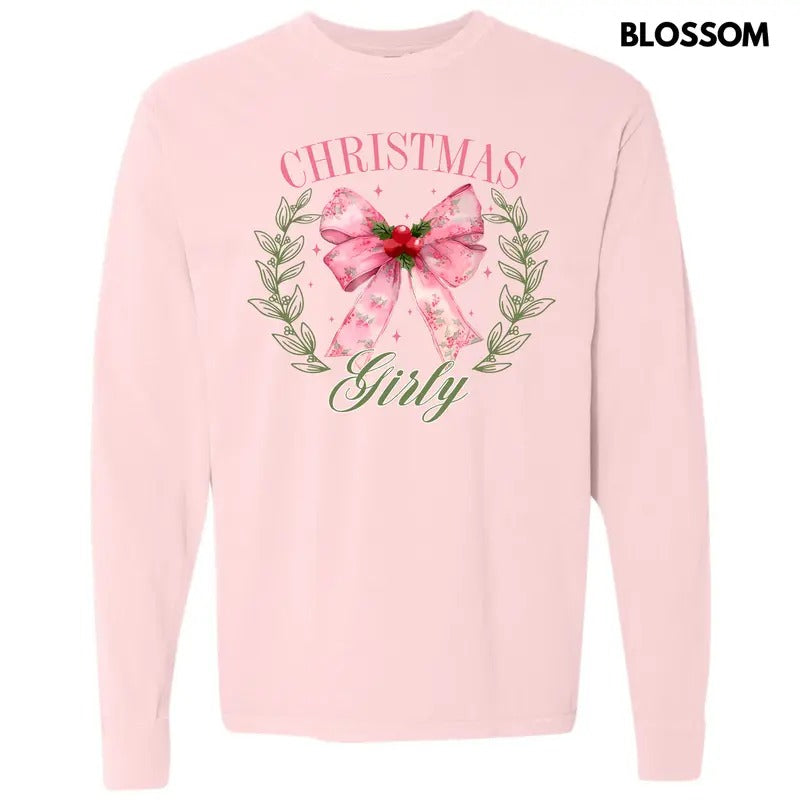 Christmas Girly Coquette Long Sleeve Comfort Colors T-Shirt 'NLB' Hoodie, Sweatshirt | ZylaModa.com