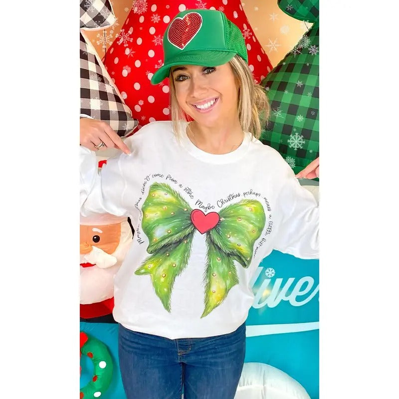 Christmas Green Bow Graphic Long Sleeve T-Shirt Hoodie, Sweatshirt | ZylaModa.com