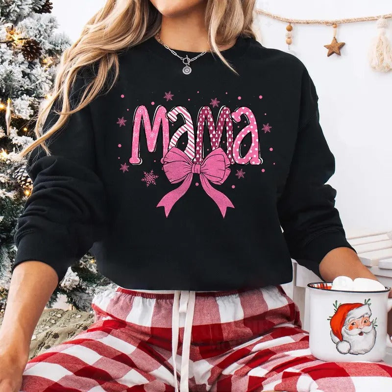 Christmas Mama Sweatshirt, Coquette Bow Christmas Mama Claus Shirt - Fabric, Pullover Hoodie | ZylaModa.com