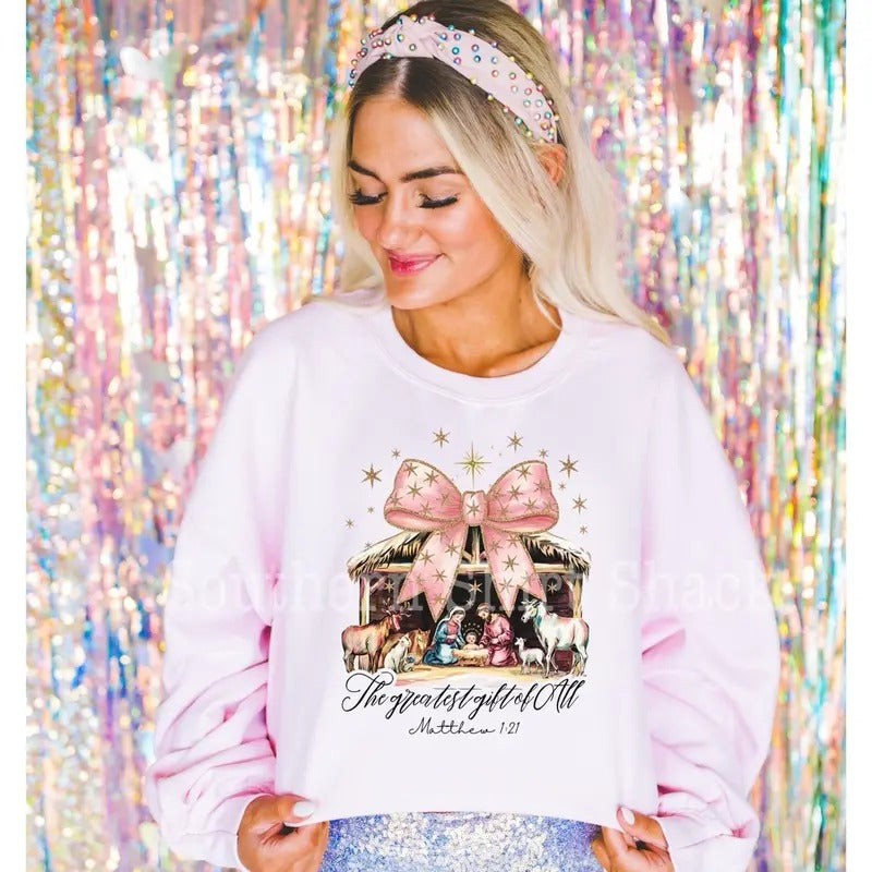 Christmas Nativity Sweatshirt | Pink Christmas Sweatshirt T-Shirts, Hoodie | ZylaModa.com
