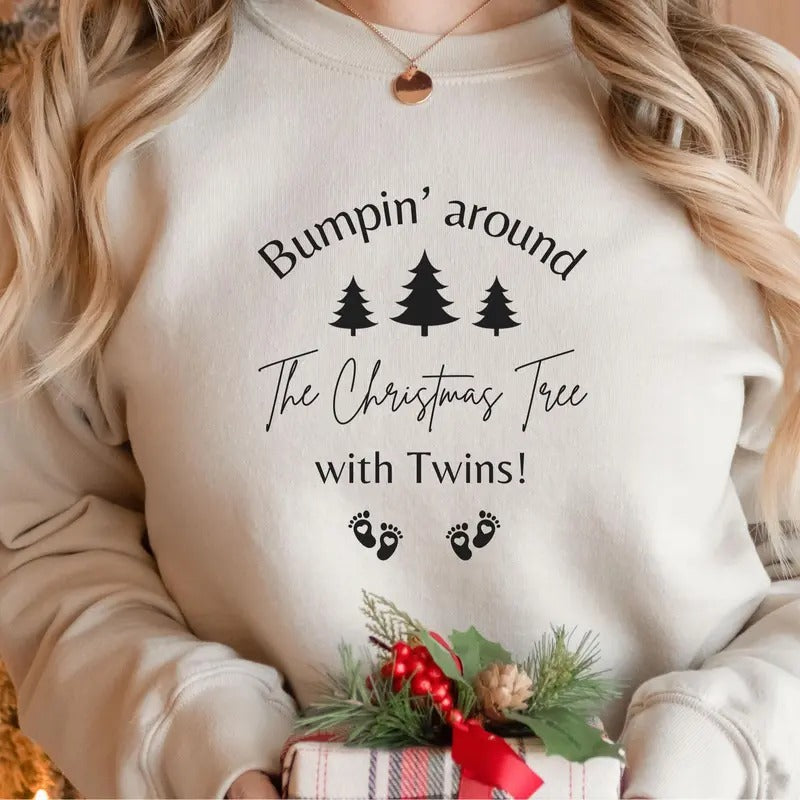 Christmas Pregnancy Announcement Sweatshirt, Bumpin Around The Christmas Tree With Twins New Mom Christmas Maternity...