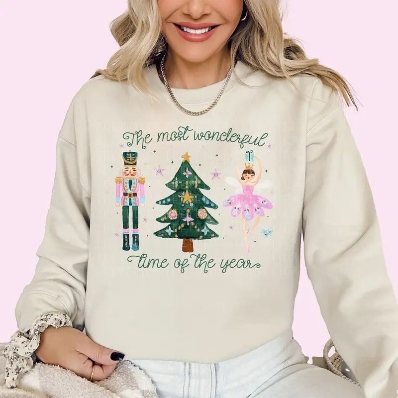 Christmas Sweatshirt The Most Wonderful Time Of The Year Holiday Shirts Groovy Nutcracker Sugar Plum Fairy Xmas Cotton...