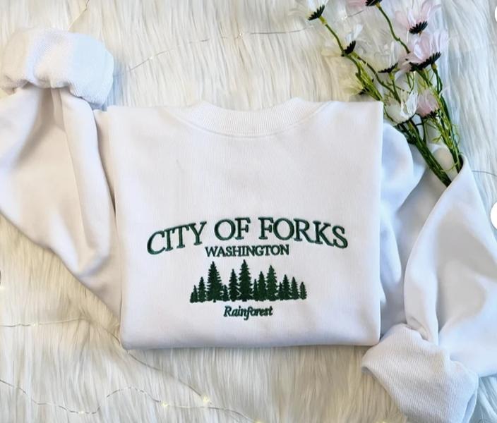 City of Forks Embroidered Sweatshirt | Washington Embroidered Hoodie | City Of Forks Washington Sweater | Forrest Crew...