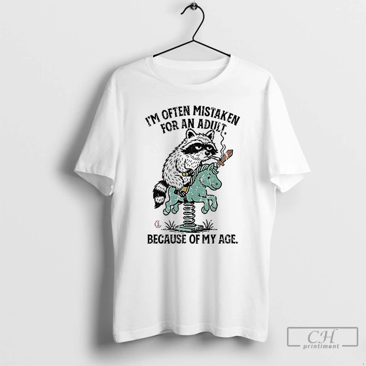 Classic Raccoon And Horse Meme Im Often Mistaken For An Adult Because Of My Age T-Shirts, Hoodie, Sweatshirt | ZylaModa.com