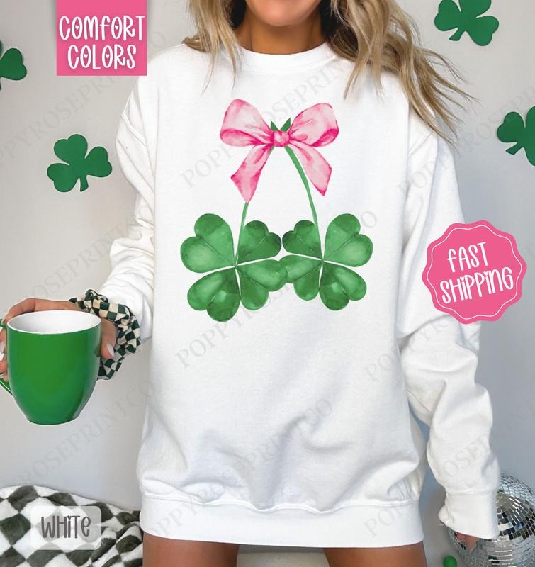 Clover Bow Comfort Colors Sweatshirt, St Patrick's Day Women's Crewneck, Cute Women's Sweater T-Shirts, Hoodie | ZylaModa.com