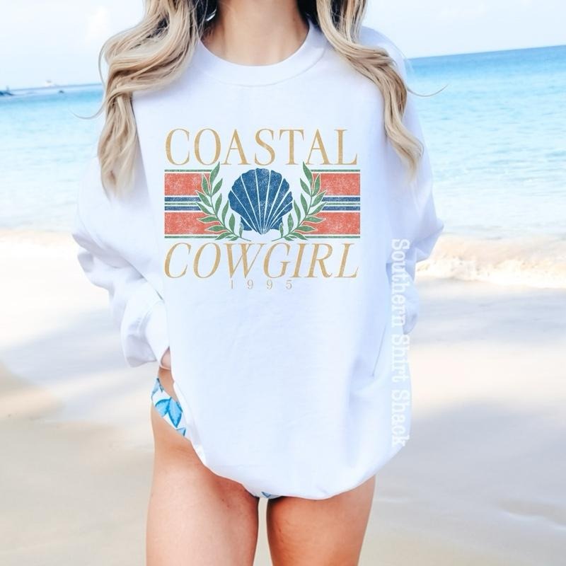Coastal Cowgirl Sweatshirt | Beach Sweatshirt | White Sweatshirt graphic shirt unisex style Hoodie | ZylaModa.com