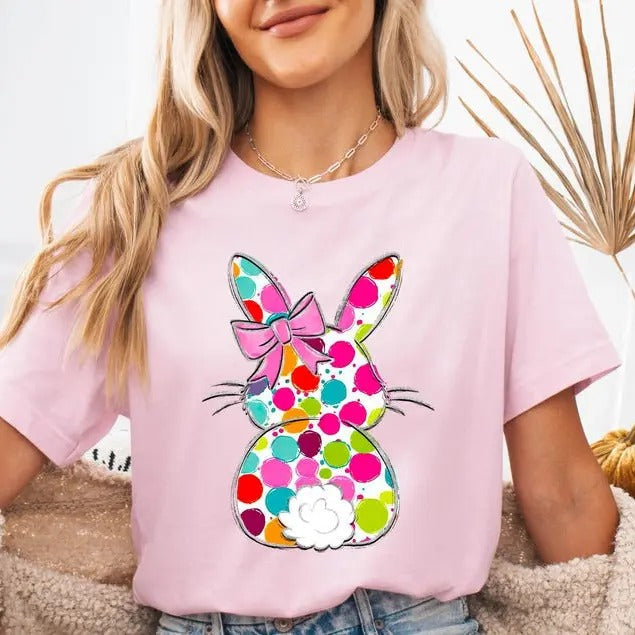 Colorful Bunny Easter Tshirt,Coquette Bow Easter Shirt,Girls Easter Shirt, Easter Shirts for Women,Easter Rabbit Top...